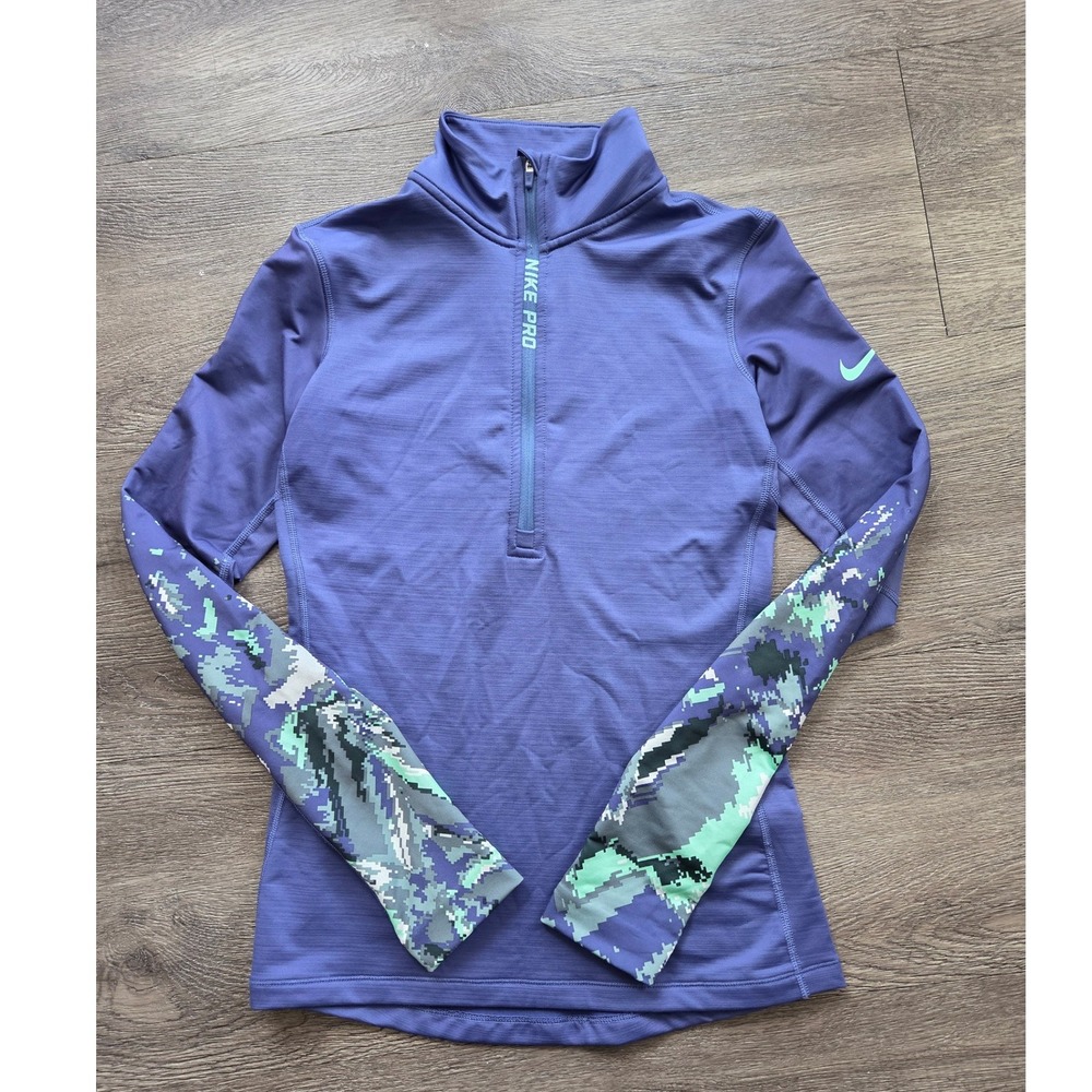Nike Pro Hyperwarm Pullover Women Small Purple Camo Quarter Zip